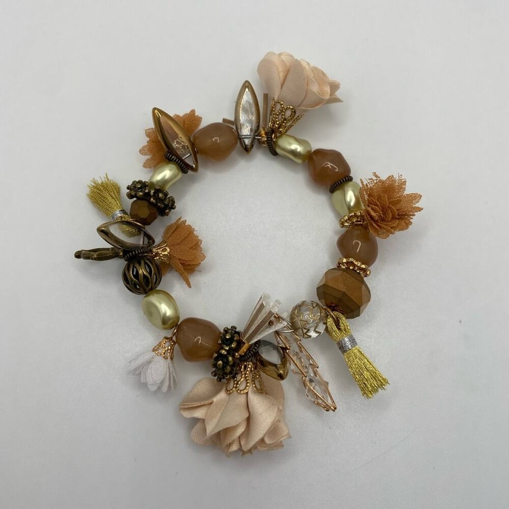 Silk Flower Multi Media Charm Style Memory Wire Bracelet Metallic Glass Antique